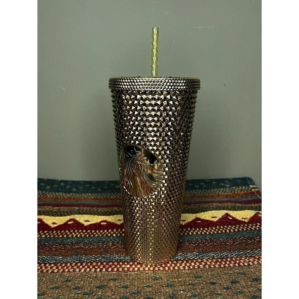 NEW 2022 Starbucks Christmas GOLD Bling Venti Studded Tumbler Cold Cup 24 Ounces